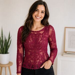 Express Top Women Small Maroon Floral Lace Romantic Sheer Goth Feminine Boho